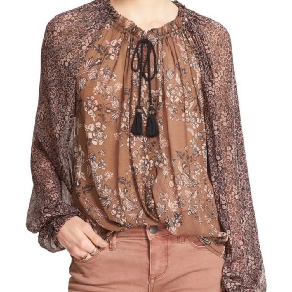 FREE PEOPLE Hendrix Sheer Floral Tassel Top Boho Size XS